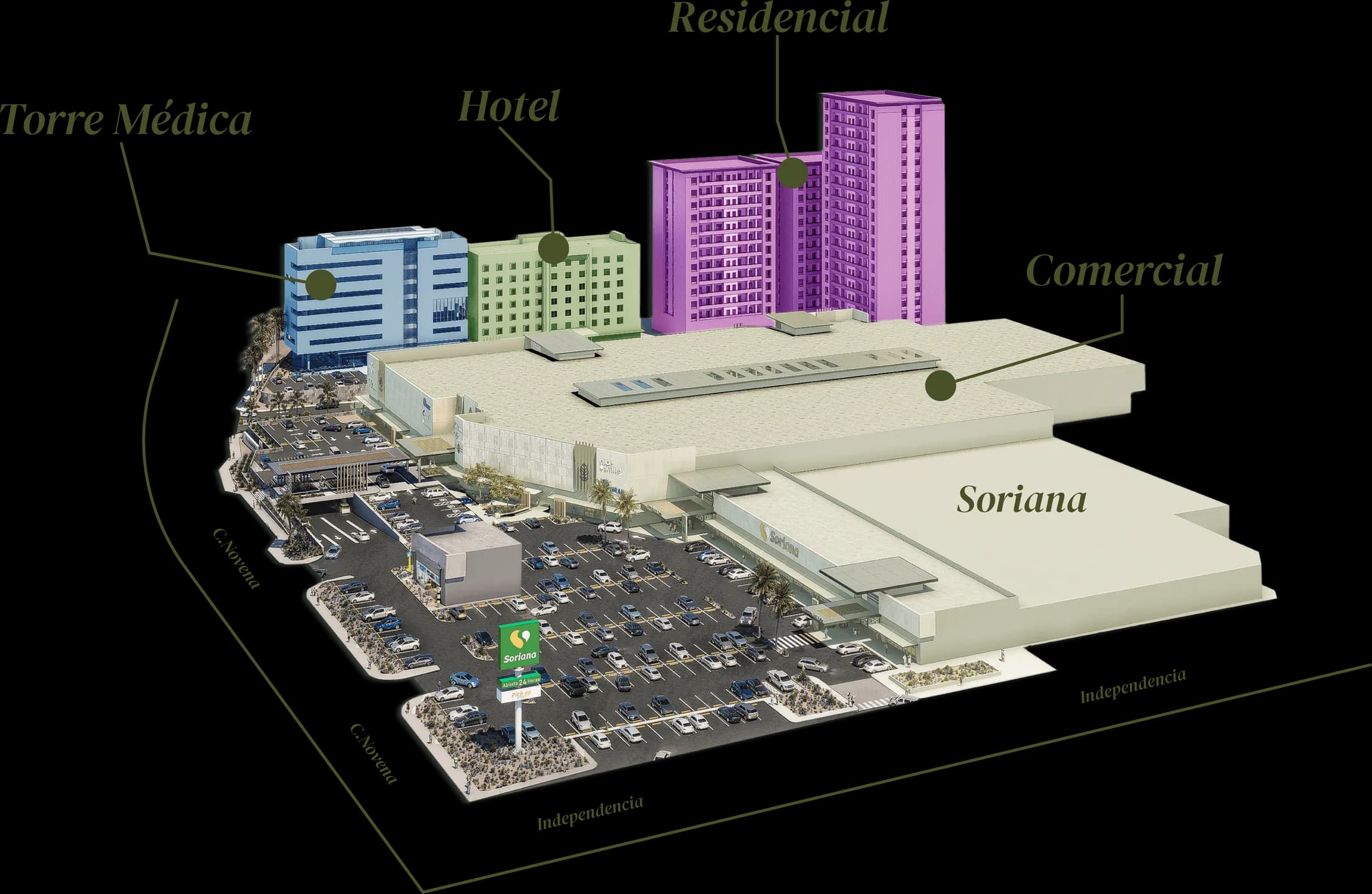 Diagrama de usos mixtos de Alameda del Valle: comercial, hotel, residencial, torre médica y Soriana